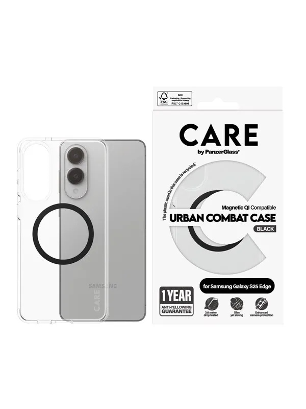 CARE by PanzerGlass Flagship Case Transparent Urban Combat w. Black Qi Compatible Samsung S25 Edge