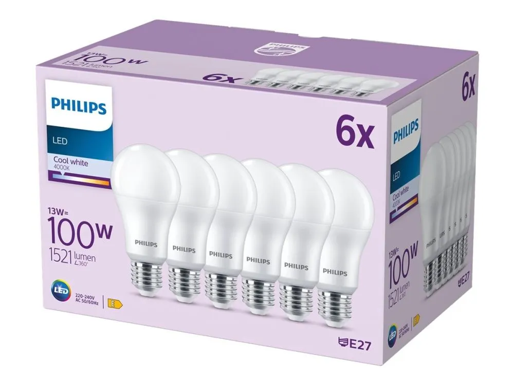 Philips LED-lyspære 13W/840 (100W) Frosted 6-pack E27
