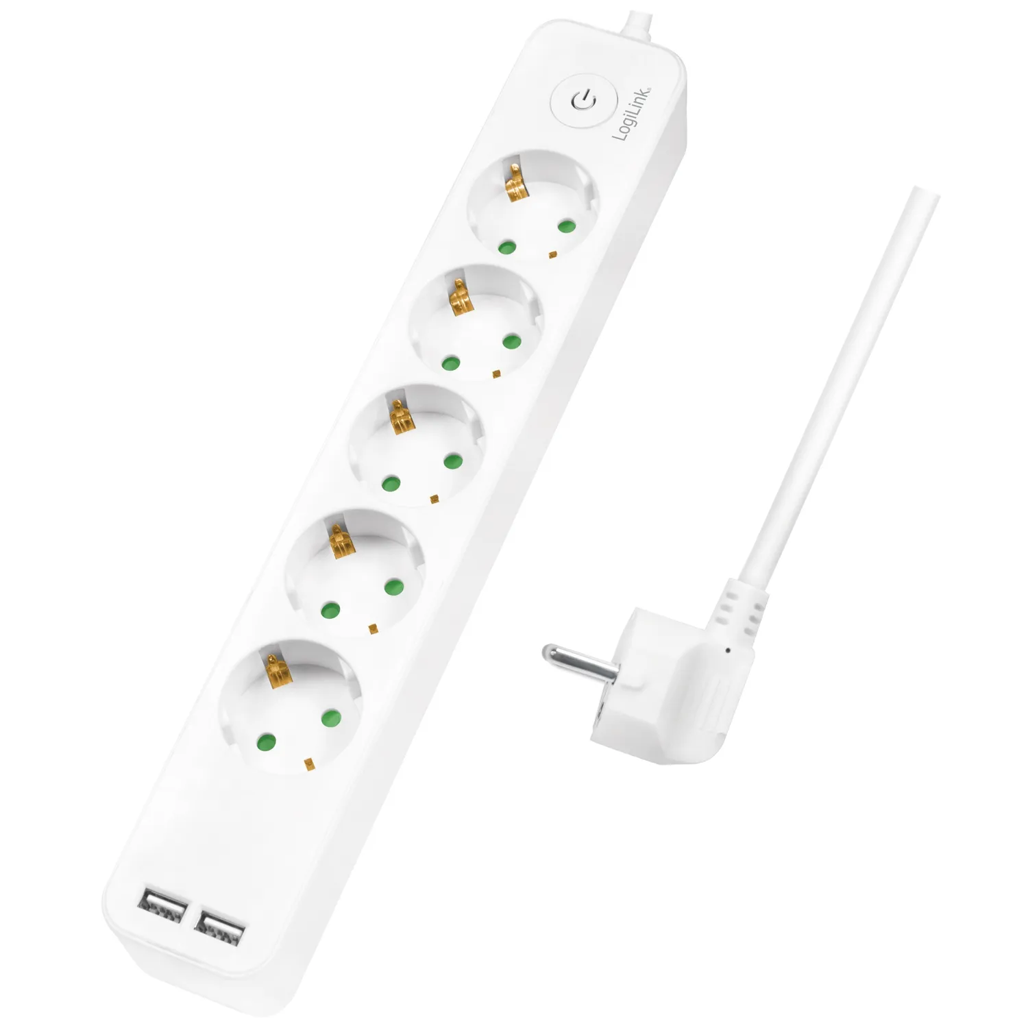 Strømuttak 5-veis + 2 USB med bryter 1,5m Hvit