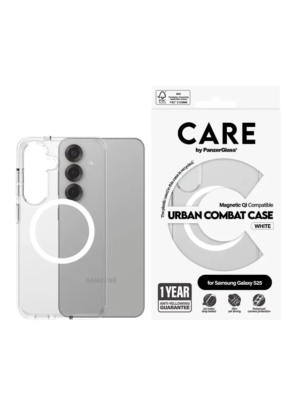 CARE by PanzerGlass Flagship Case Transparent Urban Combat w. White QI Compatible Samsung Galaxy S25