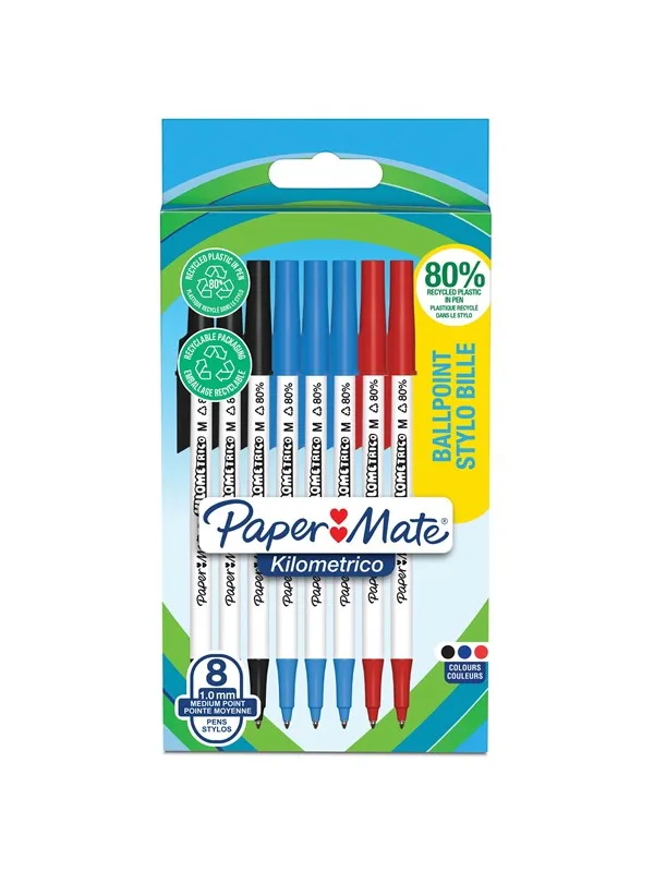 Paper Mate Kilometrico kulepenner | Lang skriving med middels punkt (1,0 mm) | Svart, blått og rødt blekk | 80 % resirkulert plast | 8 Stk