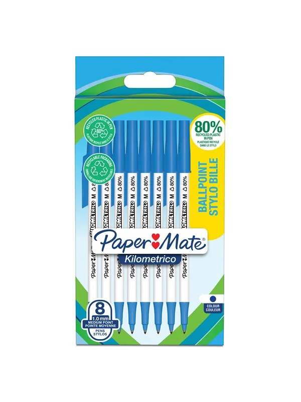 Paper Mate Kilometrico kulepenner | Lang skriving med middels punkt (1,0 mm) | Blått blekk | 80 % resirkulert plast | 8 Stk