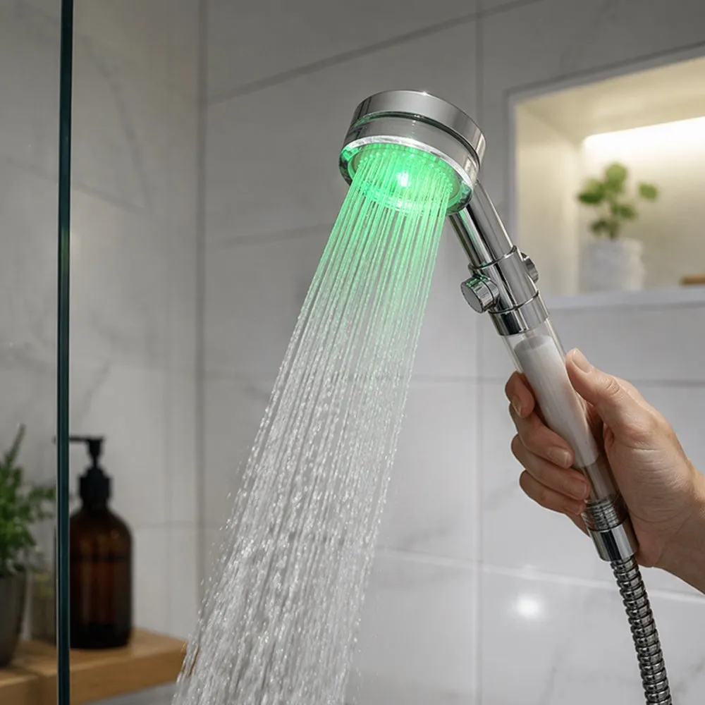 Vannbesparende dusjhode med temperaturkontroll i fargerikt LED-lys