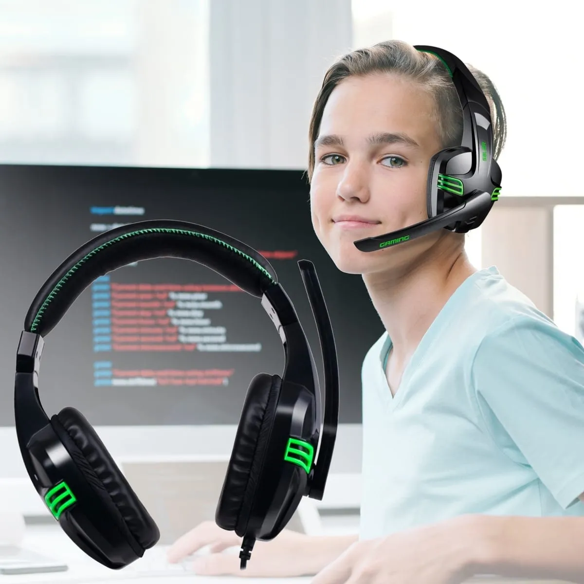 Gamer PC Headset m/mikrofon og stereolyd – sort/grønn –