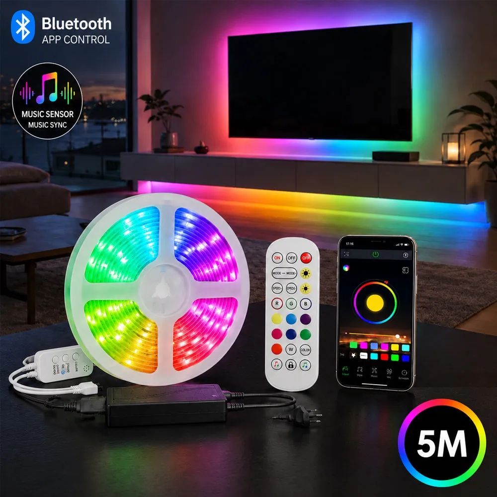 LED strip lyslenke 5 meter med Bluetooth, Fjernkontroll og Musikksensor