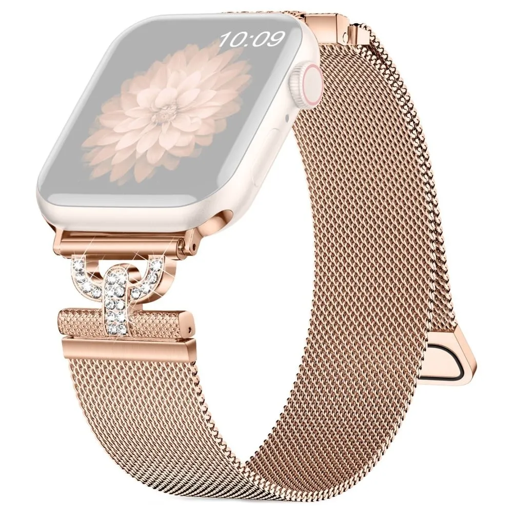 Apple Watch Series 9 45 mm / Ultra 2 strass S-formet milanesisk rem i rustfritt stål - Rose Gull