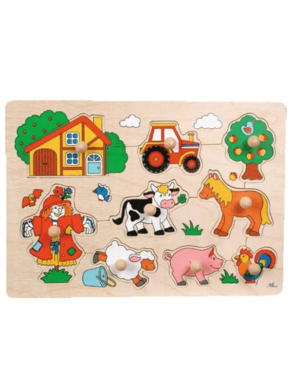 Goki Wooden Stud Puzzle Farm Retro 9pcs. Tre