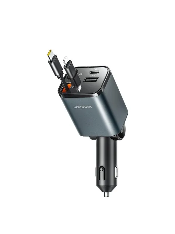 Joyroom JR-CCL05 30W 4-in-1 Car Charger with 2 Built-in Retractable Cables - Dark Gray