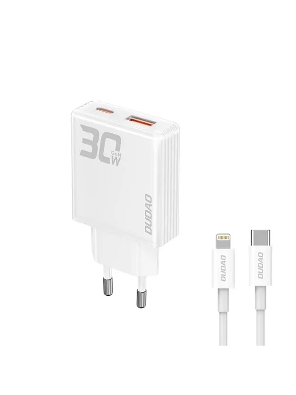 Dudao GaN A30EUL 30W USB-A / USB-C Wall Charger + USB-C - Lightning Cable - White