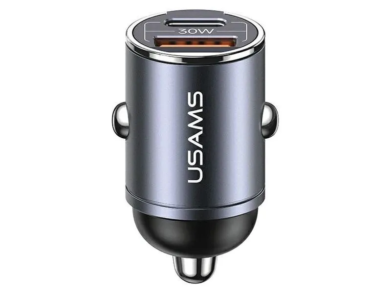 USAMS bil-lader 1xUSB + 1xUSB-C C38 30WPD hurtiglading med innebygd ring stål/mørk CC206CC