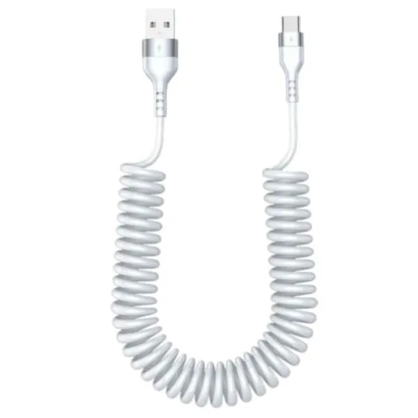 USB A til USB-C Spiralkabel 5A Hurtiglading 1,5m Hvit