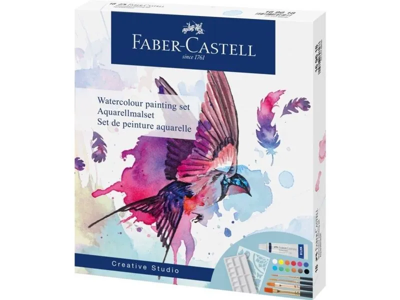 FABER-CASTELL akvarellfargesett assorterte farger 12 tuber 5,0 ml tuber, 4 syntetiske pensler, 1 sjablong og 1 blandepalett ml (169618)