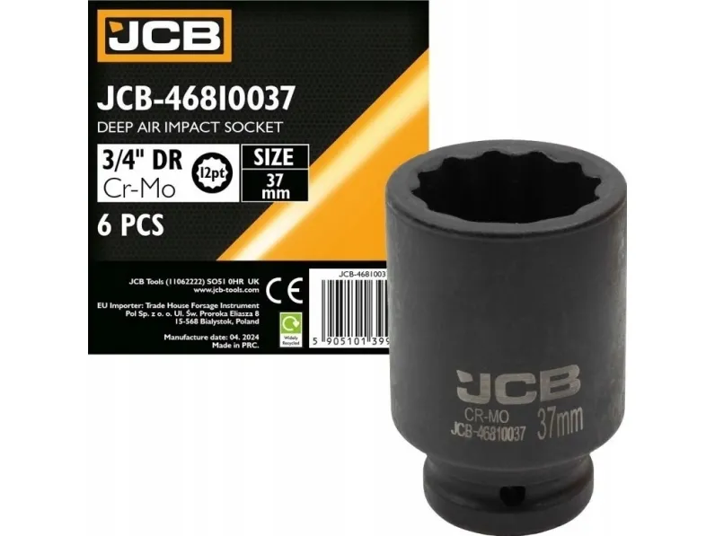 JCB slagsokkel dyp 3/4" 37 mm (12-kantet)