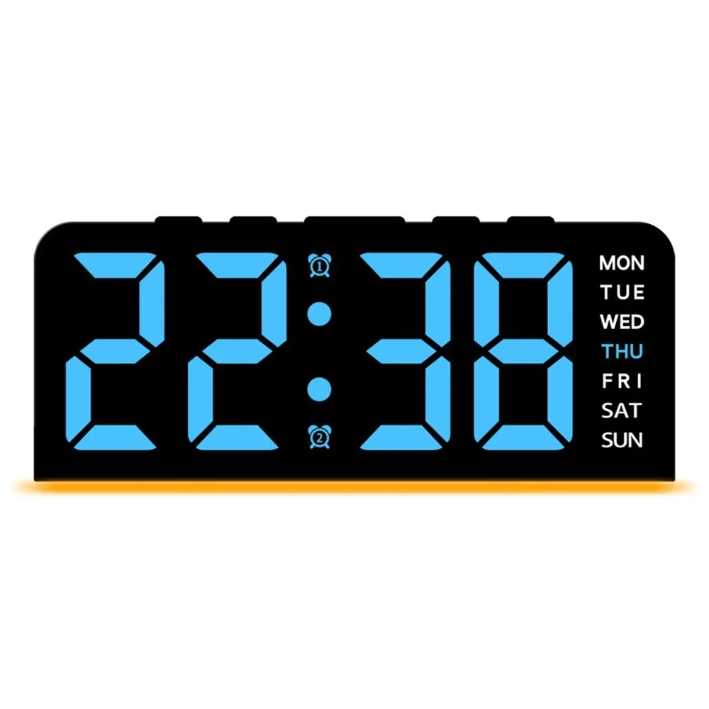 LED-klokke digital vekkerklokke stor skjerm dato temperatur vekkerklokke - svart med blått lys