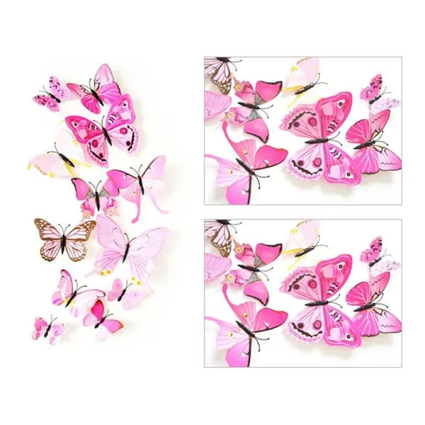12-pack sommerfugler 3d veggoverføringsdekor Veggdekorasjon rosa
