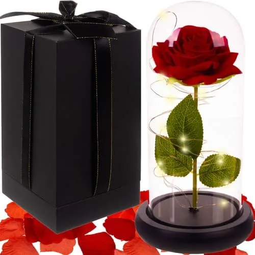 Eternal Rose - Rød rose i glasskopp med belysning og gaveeske