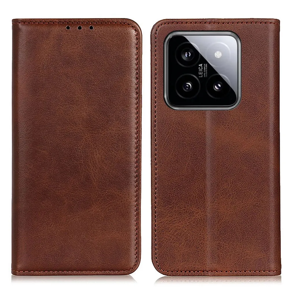 Flipveske i ekte skinn i lommebokstil for Xiaomi 14 Pro - Brun