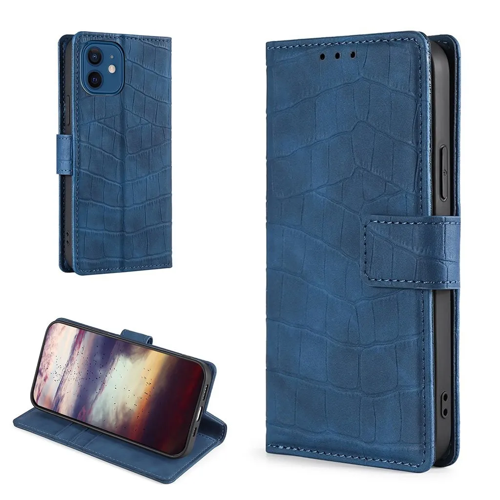 Crocodile Textured Lær Etui til iPhone 12 / 12 Pro - Blå