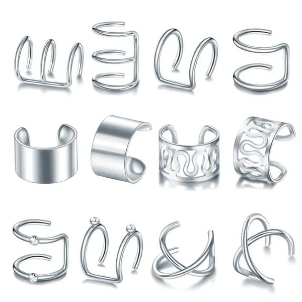 12-pack falske helix piercing ører ørepynt mansjett uten hull sølv