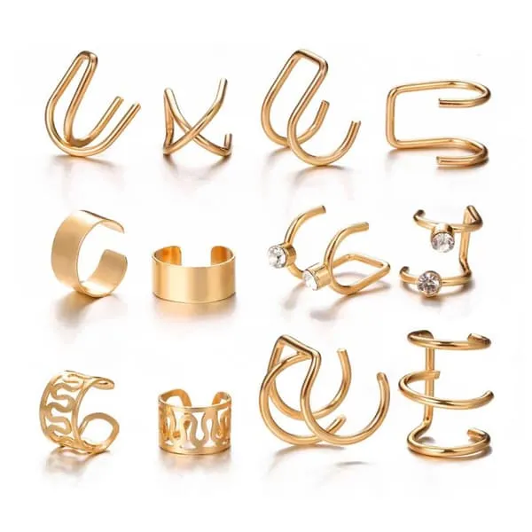 12-pack falske helix piercing ører ørepynt mansjett uten hull gull