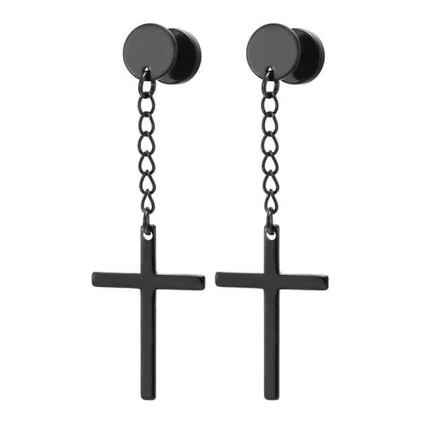 2-pack piercing ørering falske plugg med hengende kryss svart