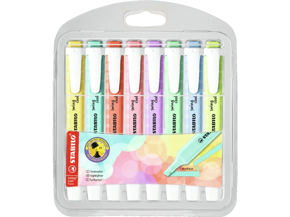 STABILO swing cool Pastel, 8 stykker, Assorterte farger, Meisel tupp, Assorterte farger, Rektangel, 1 mm