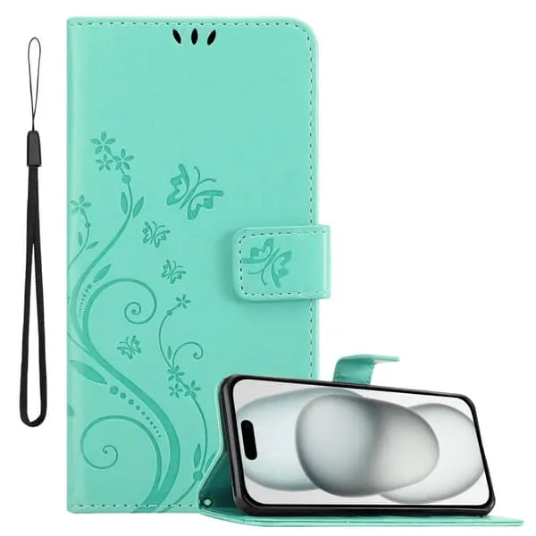 Deksel kompatibel med iPhone 15 Lommebokdeksel i blomster design med magnetisk lukking, stativfunksjon og kortplasser