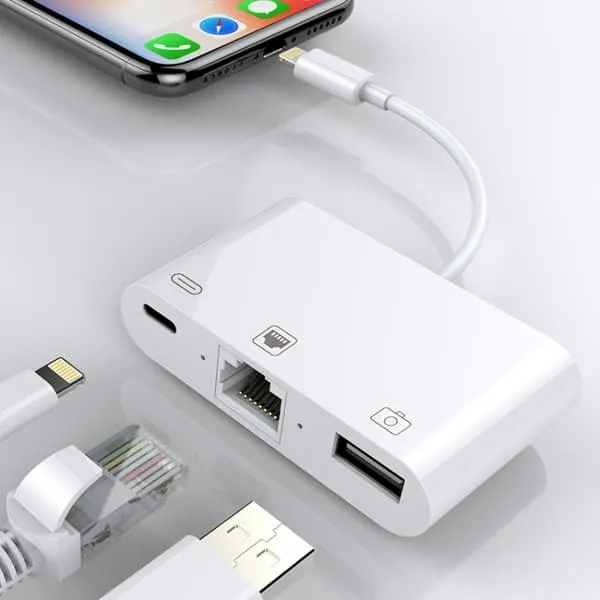 Multiportadapter for iPhone og iPad med Lightning til Ethernet, USB og Lightning