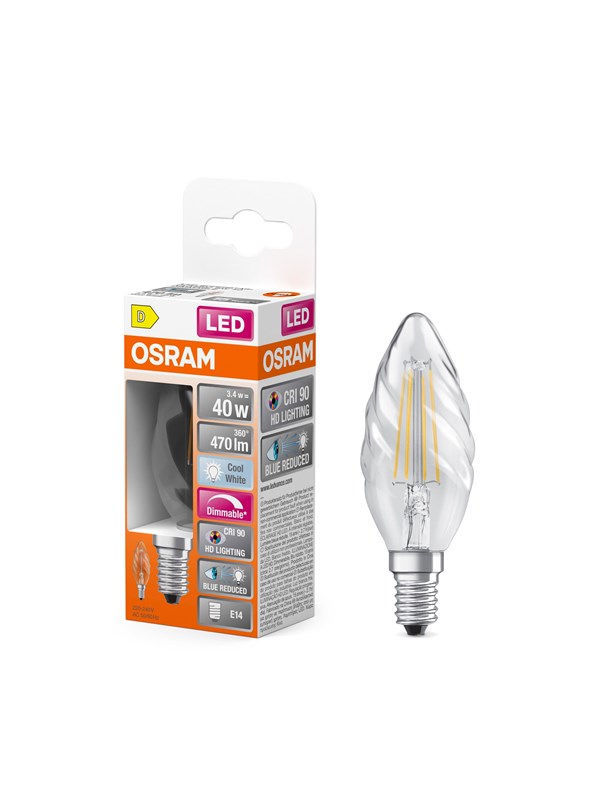 Osram LED-lyspære LED Comfort candle snoet filament 470lm 3.4W/940 (40W) E14 dimmable E14