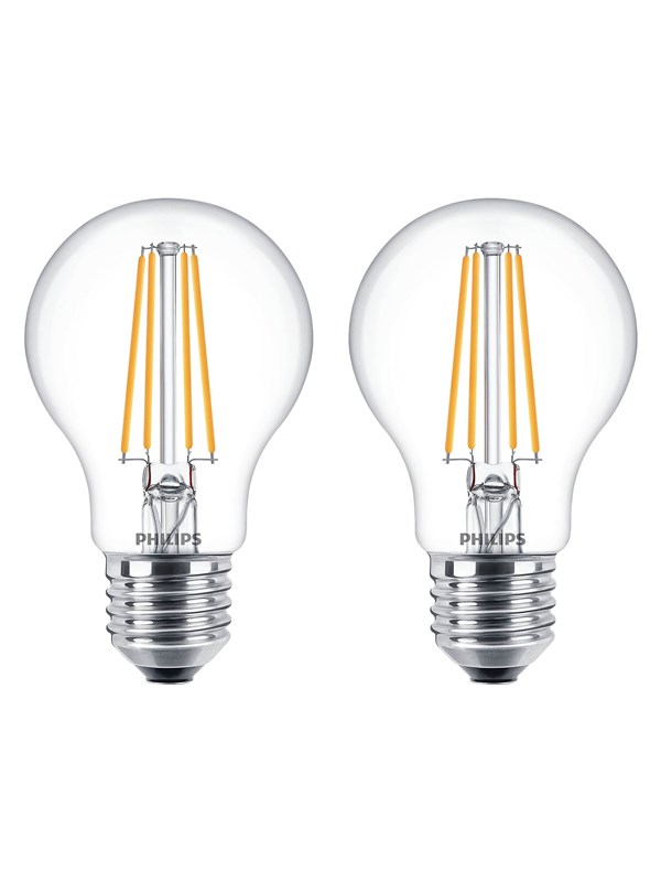 Philips LED-lyspære Classic Standard 7W/827 (60W) Clear 2-pack E27