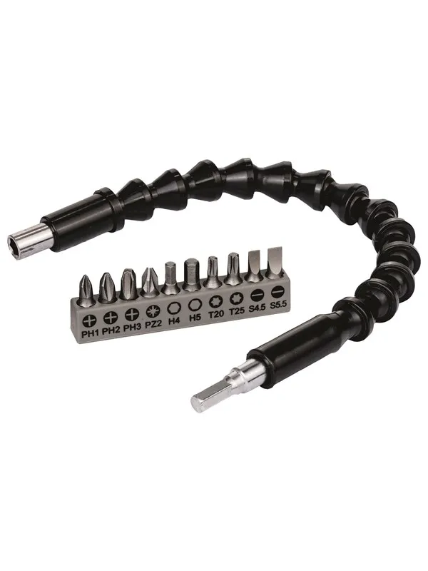 Bosch Fleksibel forlengelse, skrutrekkerbits plast, sett 11 stk. Fleksibel forlengelse plast, 300 mm, sett skrutrekkerbits, PH1, PH2, PH3, PZ2, Hex4, Hex5, T20, T25, SL 0.6x4.5; SL 0.8x5.5