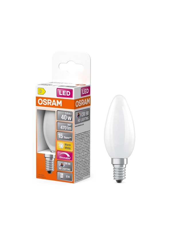 Osram LED-lyspære LED Comfort candle frosted 470lm 3.4W/927 (40W) dimmable E14