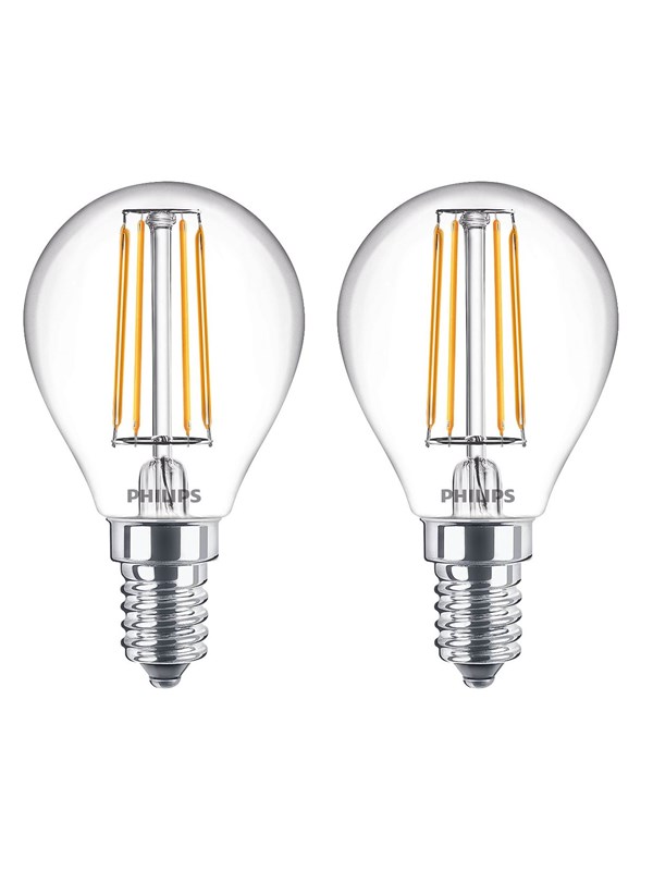 Philips LED-lyspære Classic Mini-ball 4.3W/827 (40W) Clear 2-pack E14