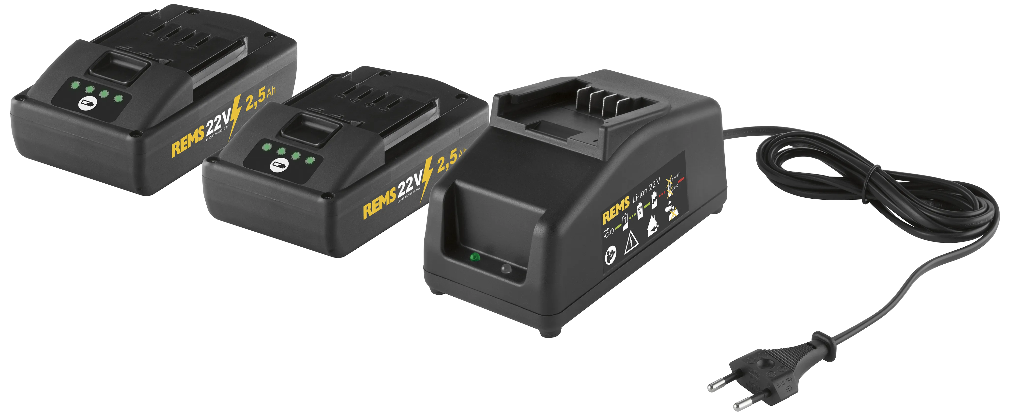 REMS PowerPack 2×22v/2,5Ah batterier + 90W lader