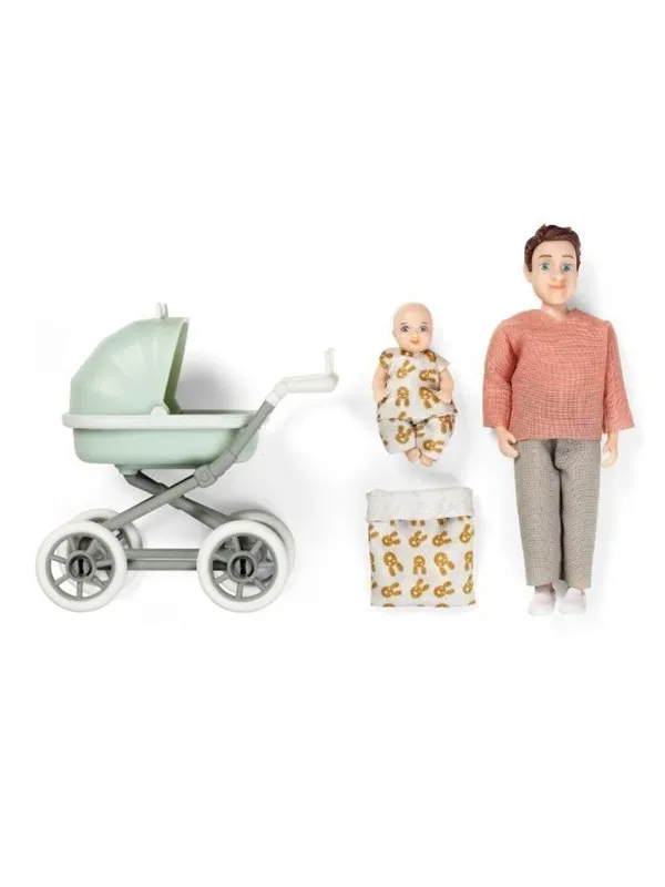 Lundby far m/baby i barnevogn aftageligt tøj
