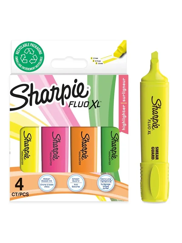 Sharpie Fluo XL merkepenn | kileformet spiss | assorterte selvlysende | 4 stk.