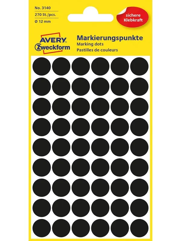 Avery Matriseklistremerker, Ø 12 mm, 270 Etiketter, Svart