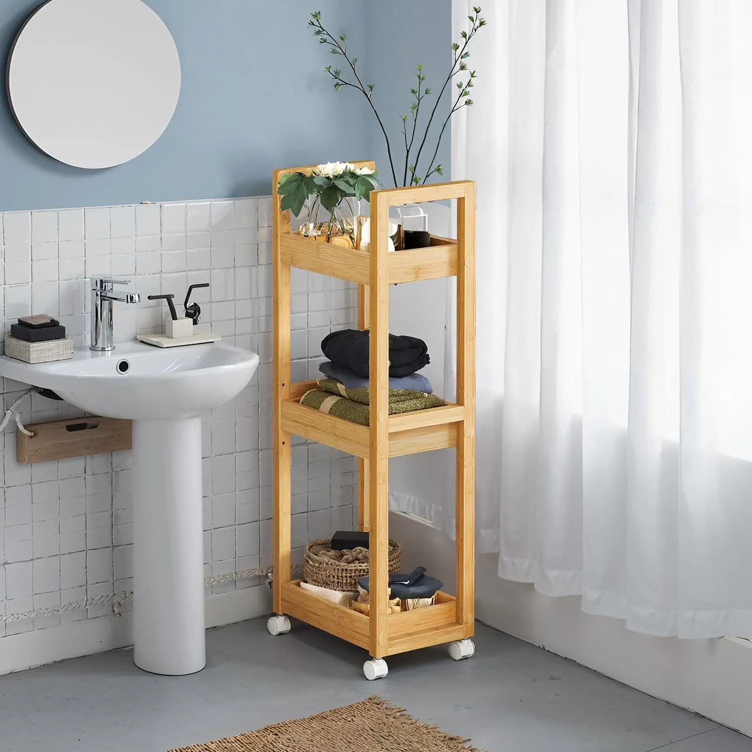 Baderomstralle, Bambus smal hylle, 20x30x80 cm, Beige