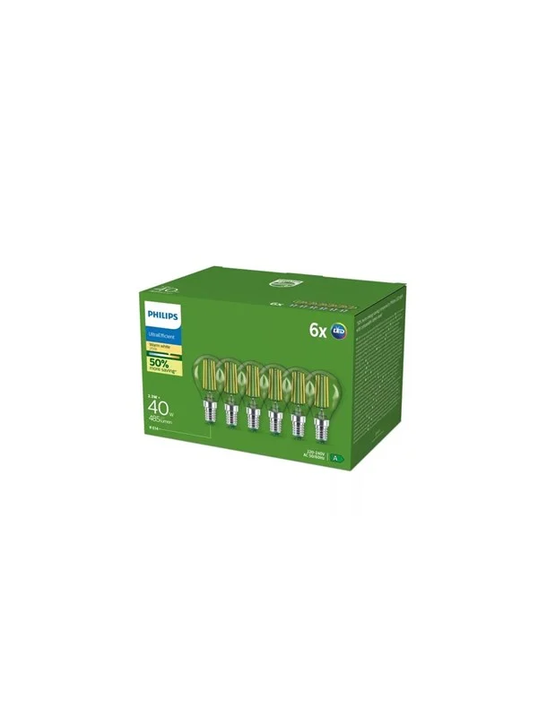 Philips LED-lyspære Ultra Efficient P45 2,3W/827 (40W) Clear 6-pack E14