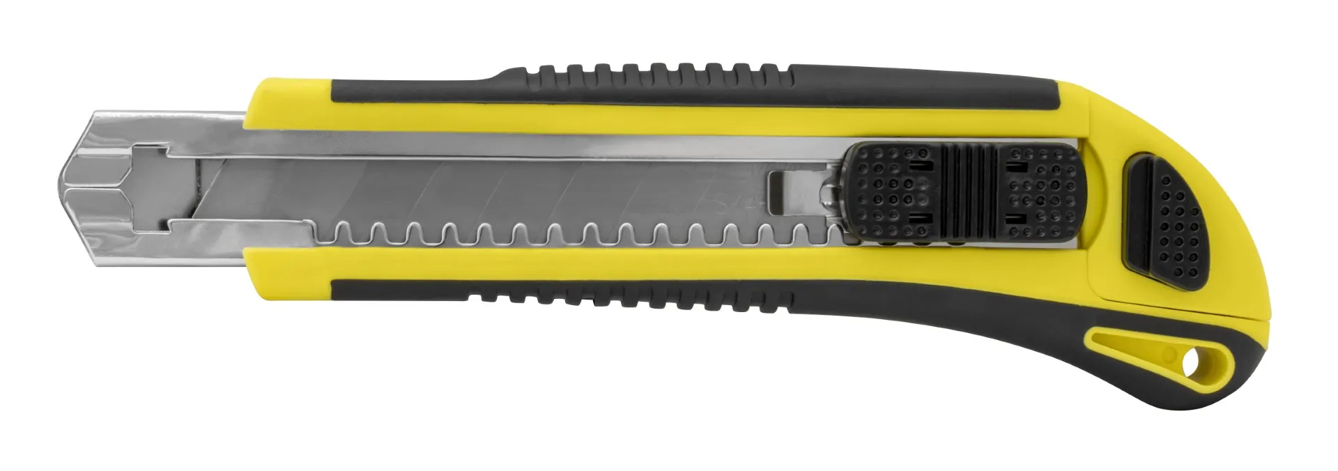 Kniv med Non-Slip gummigrep, 18 mm knivblad, Automatisk lås og magasin med 2 ekstra knivblader