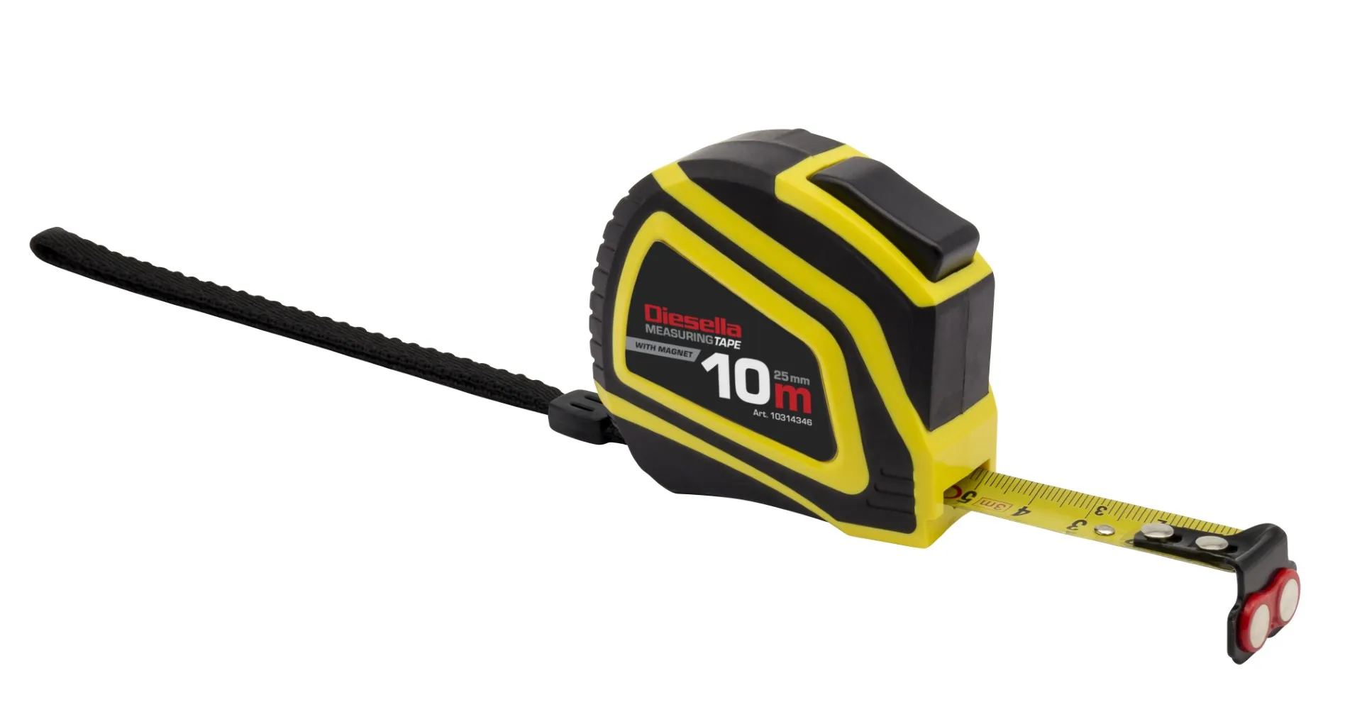 Målebånd 10Mx25MM Gummibelagt ABS hus med selvstopp og magnet