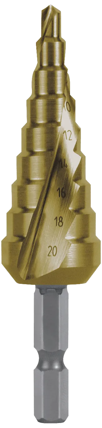 Trappebor HSS-TiN 1/4" 6kt.skaft str.1 4,0-20,0mm