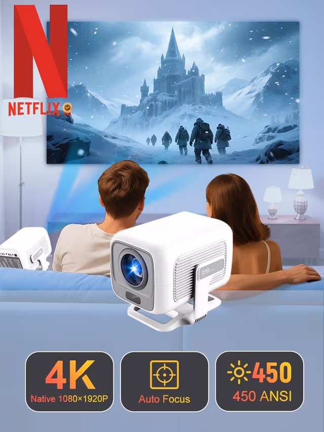 NÖRDIC 1080P Projektor Netflix-sertifisert 200 ANSI lumen 2.4/5G WiFi 6 støtte for iOS/Android