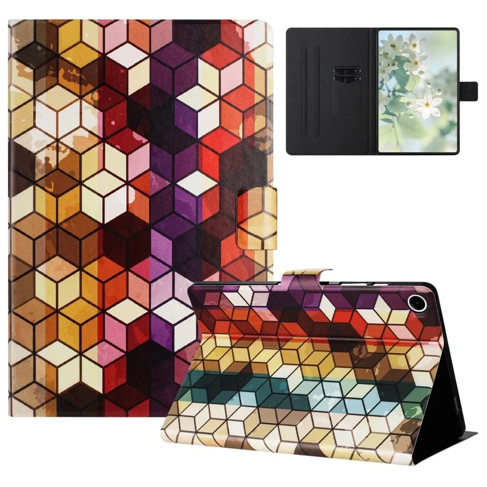Samsung Galaxy Tab A9 SM-X115 Case Pattern Printed Stand Litchi Texture Leather Tablet Cover with Card Slots - Block