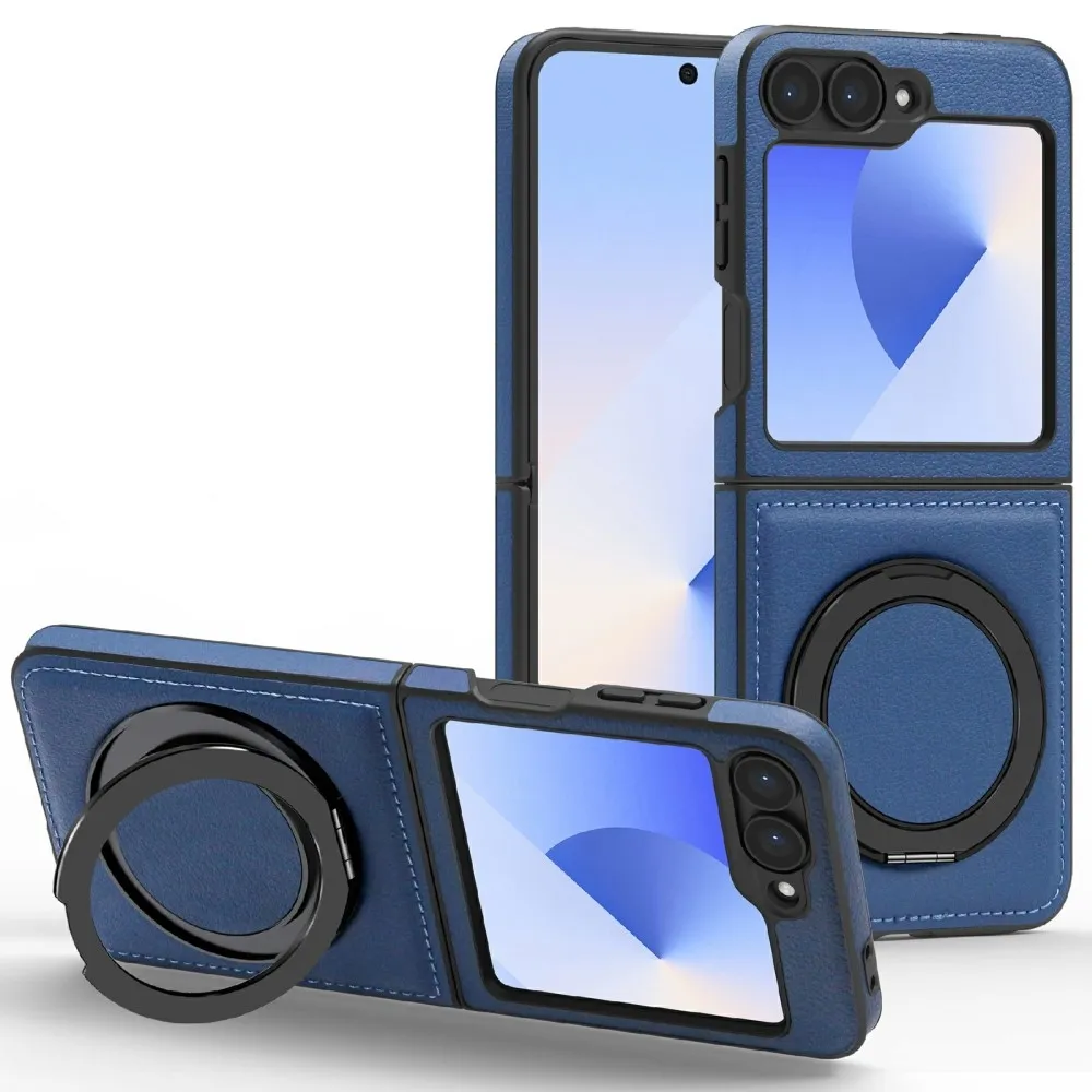 Samsung Galaxy Z Flip6 5G Magnetic Case Rotate Ring Kickstand Vegan Leather and Bump Resistant Back Cover - Sapphire