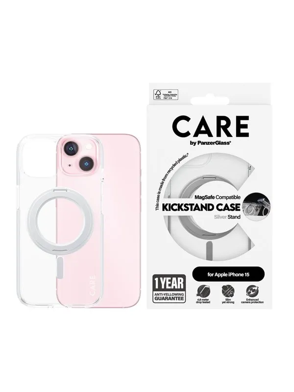 CARE by PanzerGlass Feature Case Transparent w. Silver Kickstand & MagSafe iPhone 15