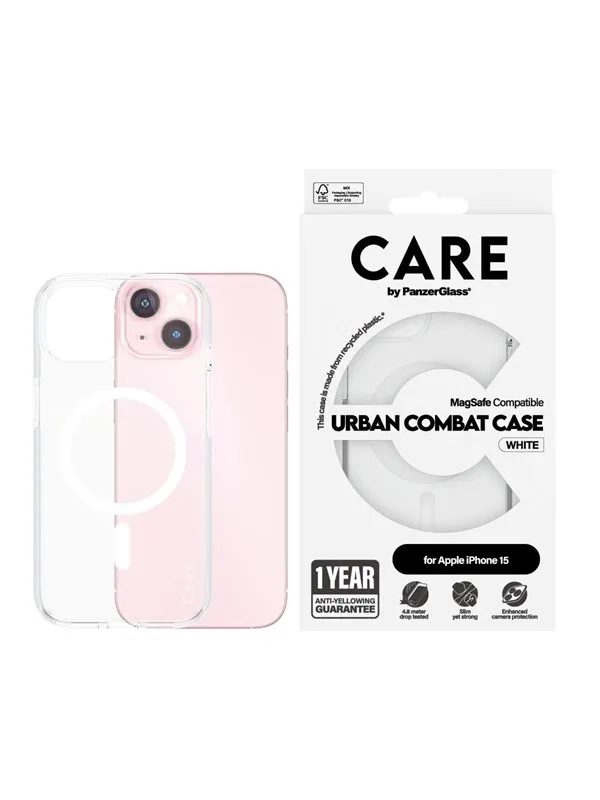 CARE by PanzerGlass Flagship Case Transparent Urban Combat w. White MagSafe iPhone 15