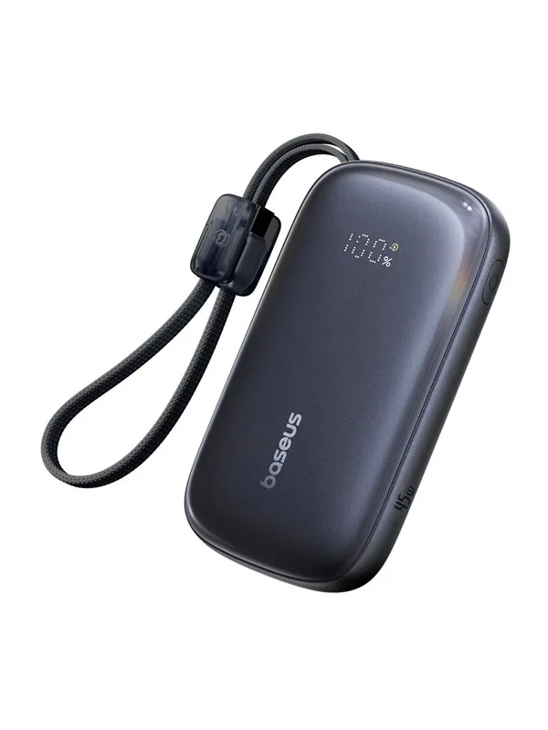Baseus EnerFill FC21 Qpow 3 Ultra 10000mAh 45W Power Bank with Attached Lanyard Cable - Black Nødlader - Svart - 10000 mAh