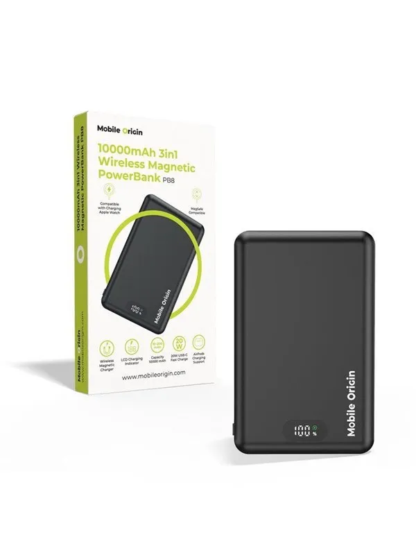 Mobile Origin PowerBank 10000mAh 3in1 Wireless Magnetic PowerBank PB8 Nødlader - Svart - 10000 mAh