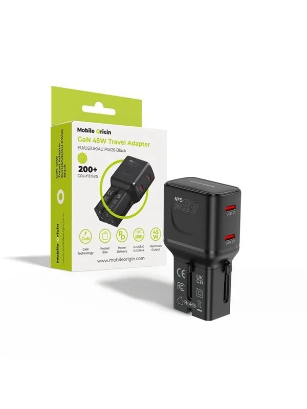 Mobile Origin 45W Travel Adapter - EU/US/UK/AU PW26 - black